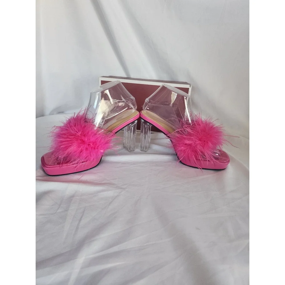 LIURUIJIA Pink Feather Platform Sandals Clear Block Heel Y2K Barbiecore Mules 39